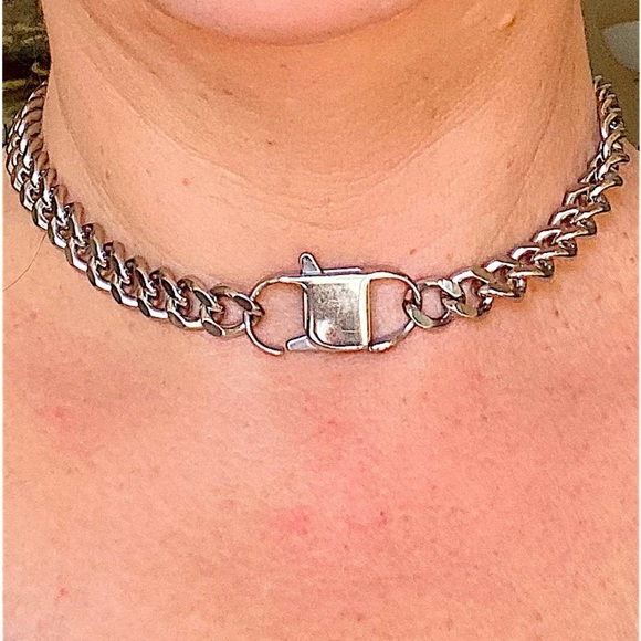 Silver Statement Cuban Chain Link Miami Safety Pin Choker Necklace - Picture 3 of 5